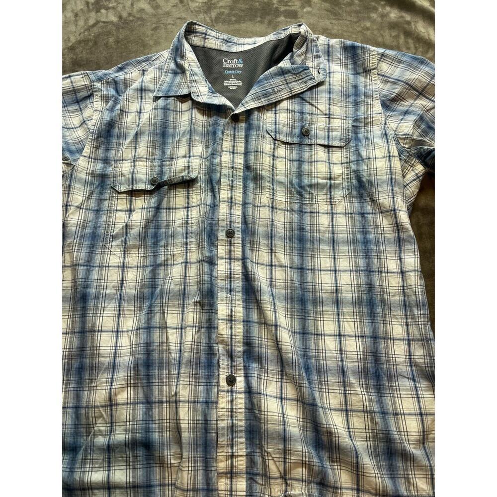 CROFT & BARROW MENS BLUE PLAID BUTTON UP DRESS SHIRT, L. Quick Dry Short Sleeve